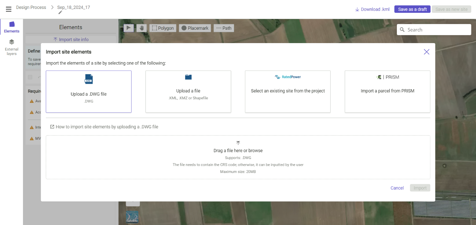 How to import site elements by uploading a file (KML, KMZ, SHP)
